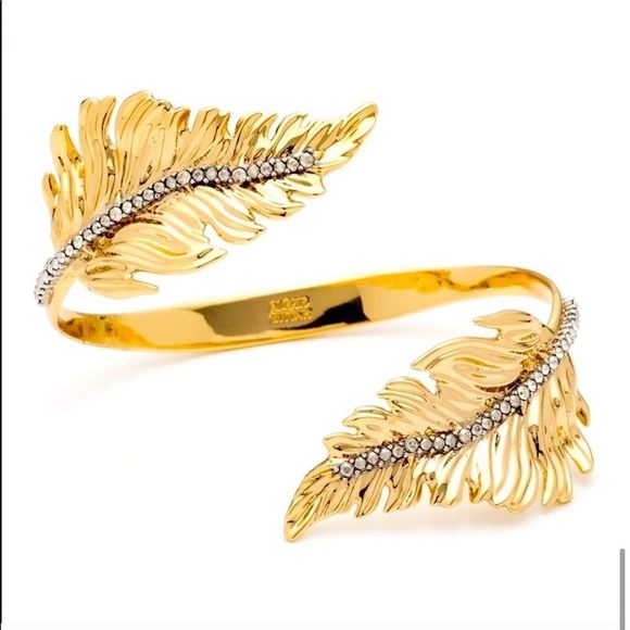 ALEXIS BITTAR Bypass Crystal Gold Leaf Cuff Bangle in Gold - Adjustable - Picture 3 of 9